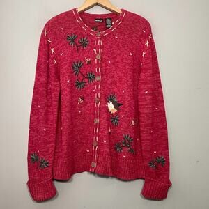 NorthCrest Size Large Red Embroidered Bird Sweater Grandma Cottagecore Country